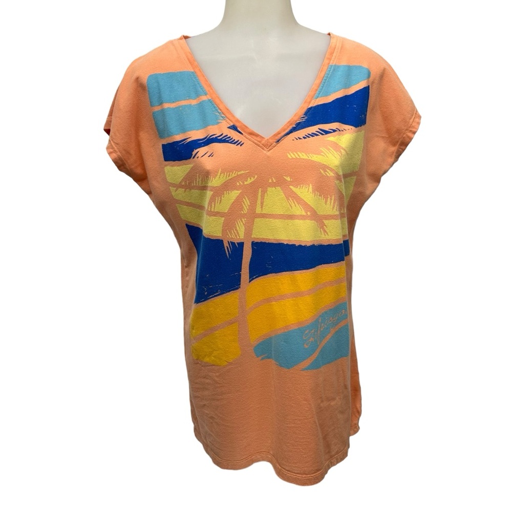 Life is Good V-Neck Tank Top Tee T Shirt Sz L Fitted Orange Graphic Good…